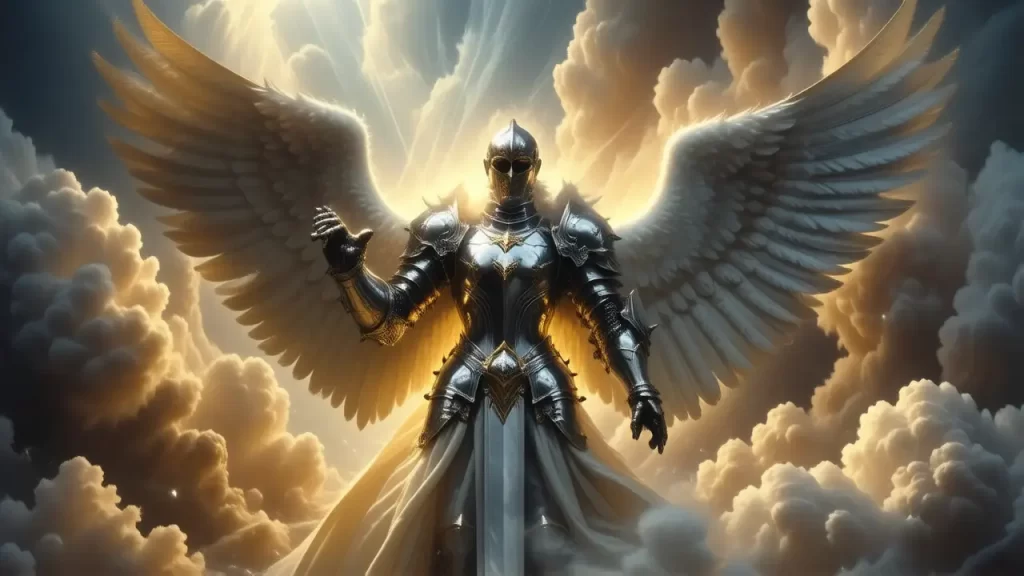 Ángel guerrero resplandece en triunfo divino