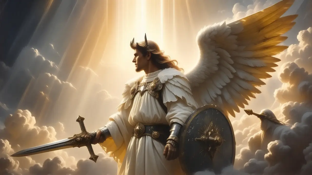 San Miguel resplandece, espada y alas
