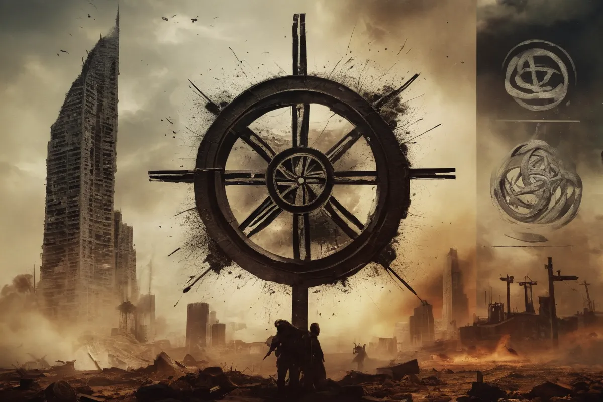 Imágenes abstractas con citas bíblicas y símbolos apocalípticos, representando la devastación mundial