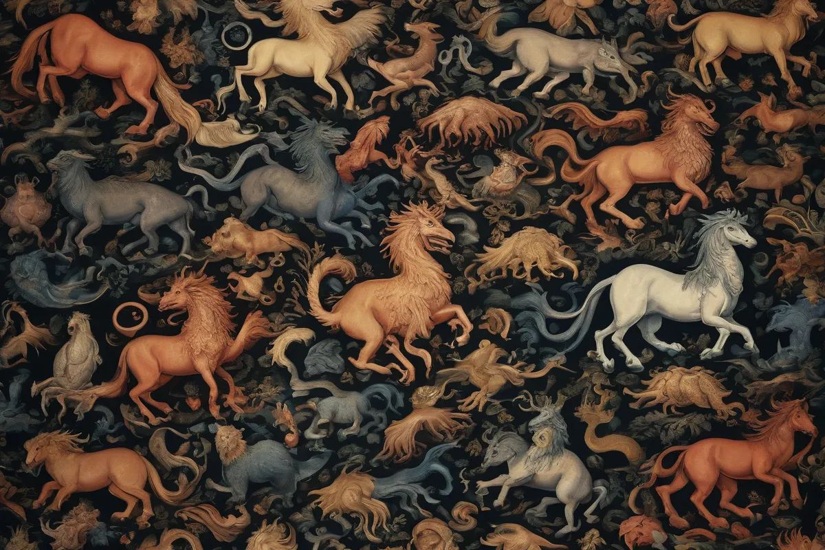 La pared de papel ilustra criaturas mitológicas con mensajes simbólicos sobre el fin del mundo