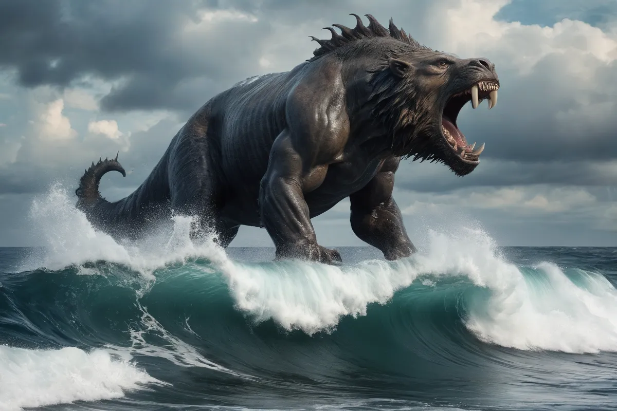 El gigante oceánico surge desde las olas, reflejado el poder político y los regímenes totalitarios