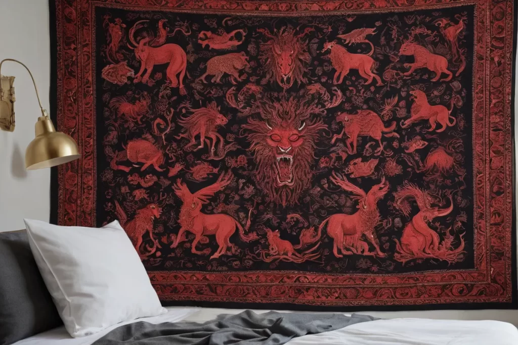 Un tapiz negro y rojo muestra bestias voraces en la discordia