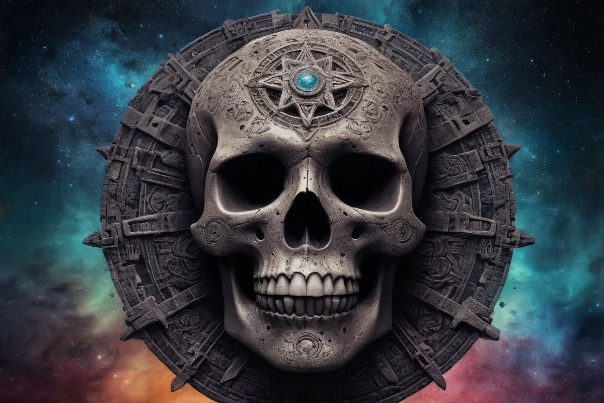 Arte abstracto con calavera y símbolos mayas en polvo cósmico
